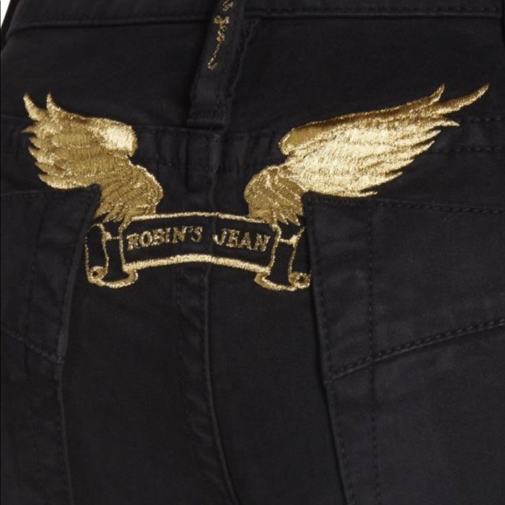 Robin’s jeans Womens Marilyn skinny in black with gold embroidered logo.